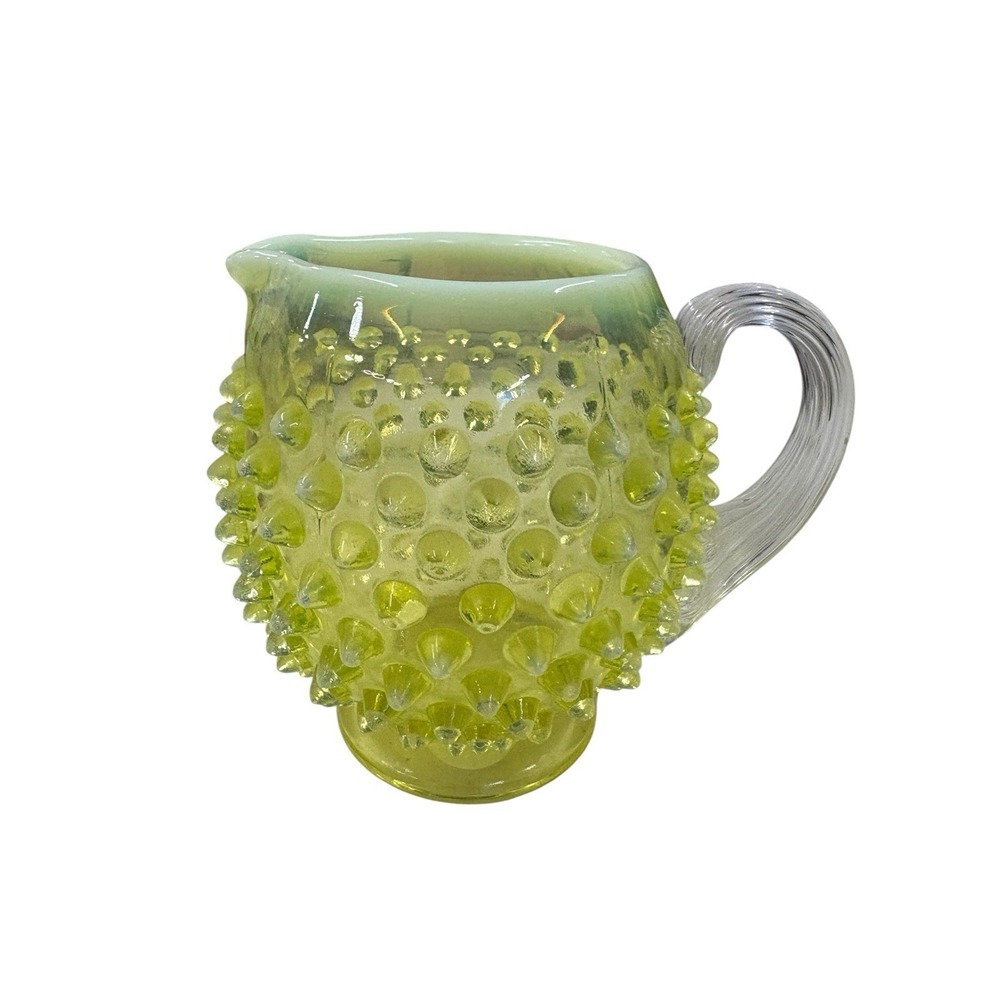 Rare Fenton Yellow Topaz Vaseline Opalescent Hobnail Pitcher Vase Uranium Glow - Picture 9 of 9